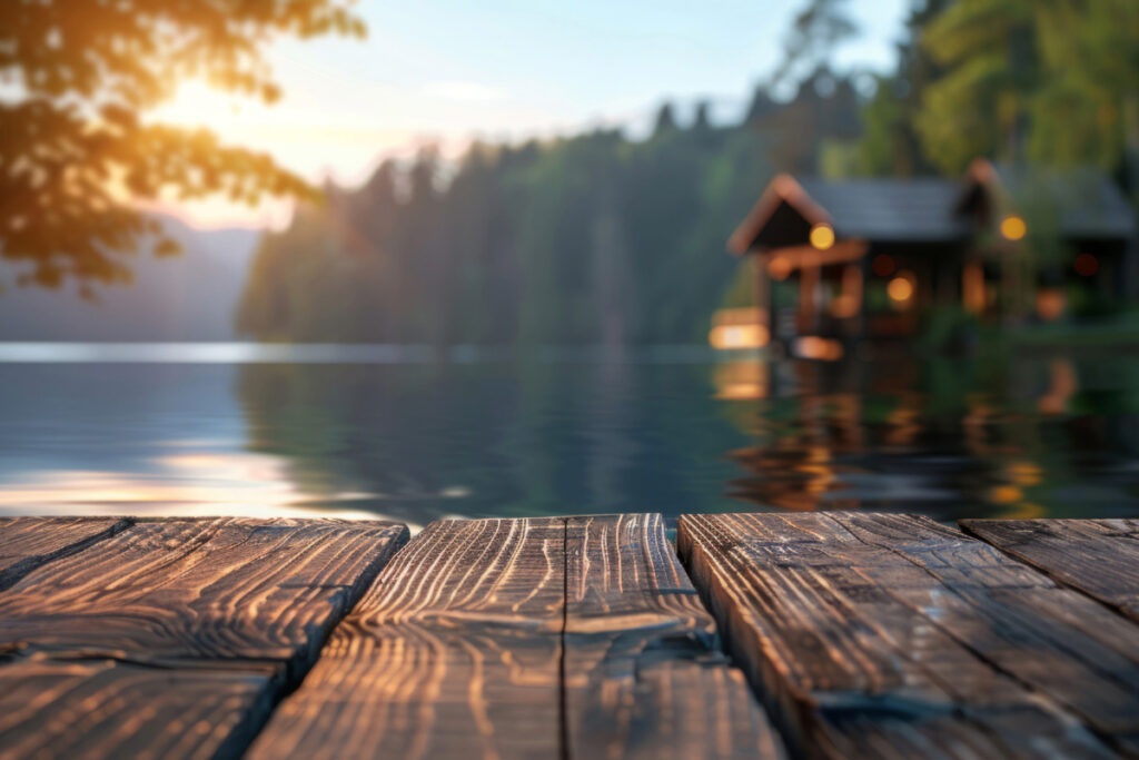 Steg am ruhigen See bei Sonnenuntergang – Ort der Ruhe und Entspannung