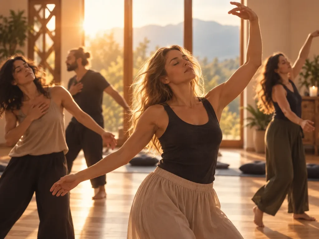 Bewegte Meditation bei geschlossenen Augen zu rythmischer Musik
