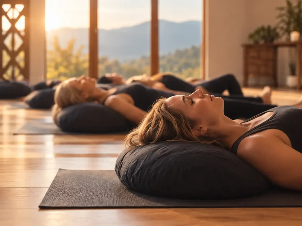 Gruppenmeditation in Stille im hellen Workshopraum mit Holzbalken und Blick auf eine Berglandschaft