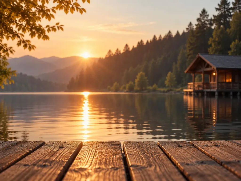 Sonnenuntergang über einem ruhigen Bergsee mit bewaldeten Hügeln